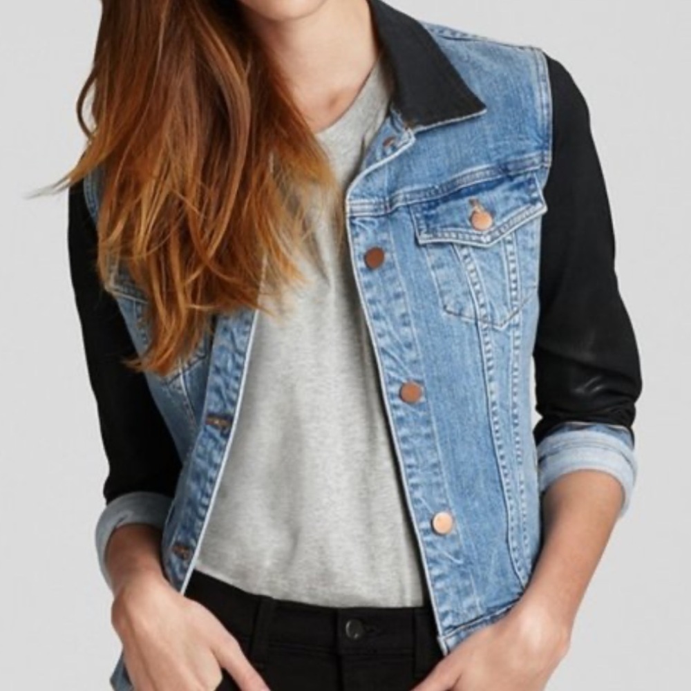 EUC J Brand Bowie Jacket Two Toned Coated Sleeve Denim Blue Black Small